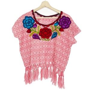 NWOT Mexican Huipil Rebozo Cropped Top Blouse Fringes Floral One Size